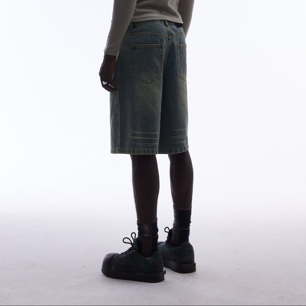 Washed Whisker Metal Buckle Denim Jort