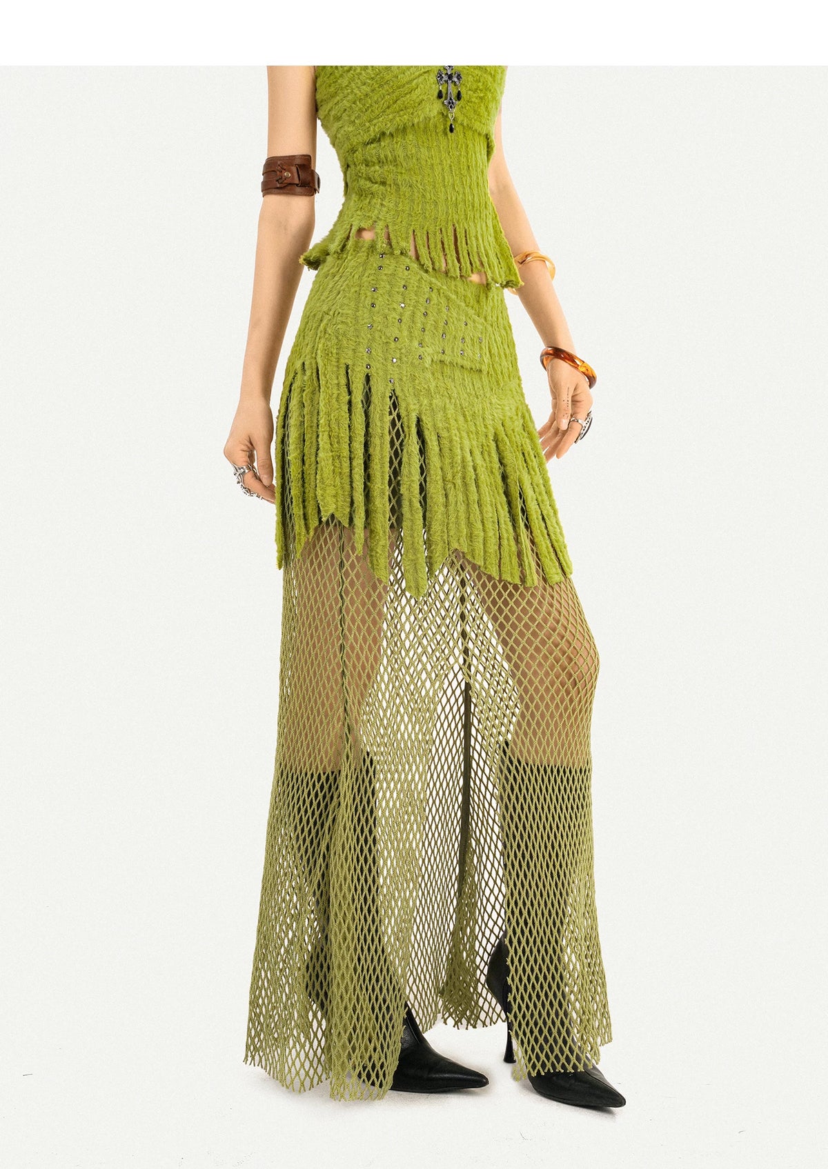 Fake Fur Patchwork Mesh Knit Cardigan & Tube Top & Mesh Long Skirt Setup