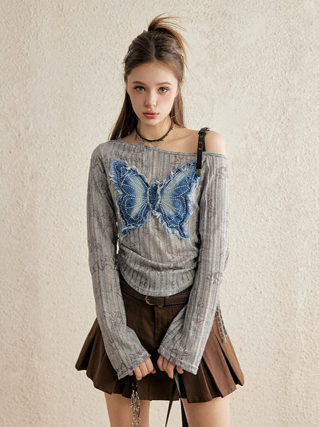 Top vintage con parches de mariposas Y2K
