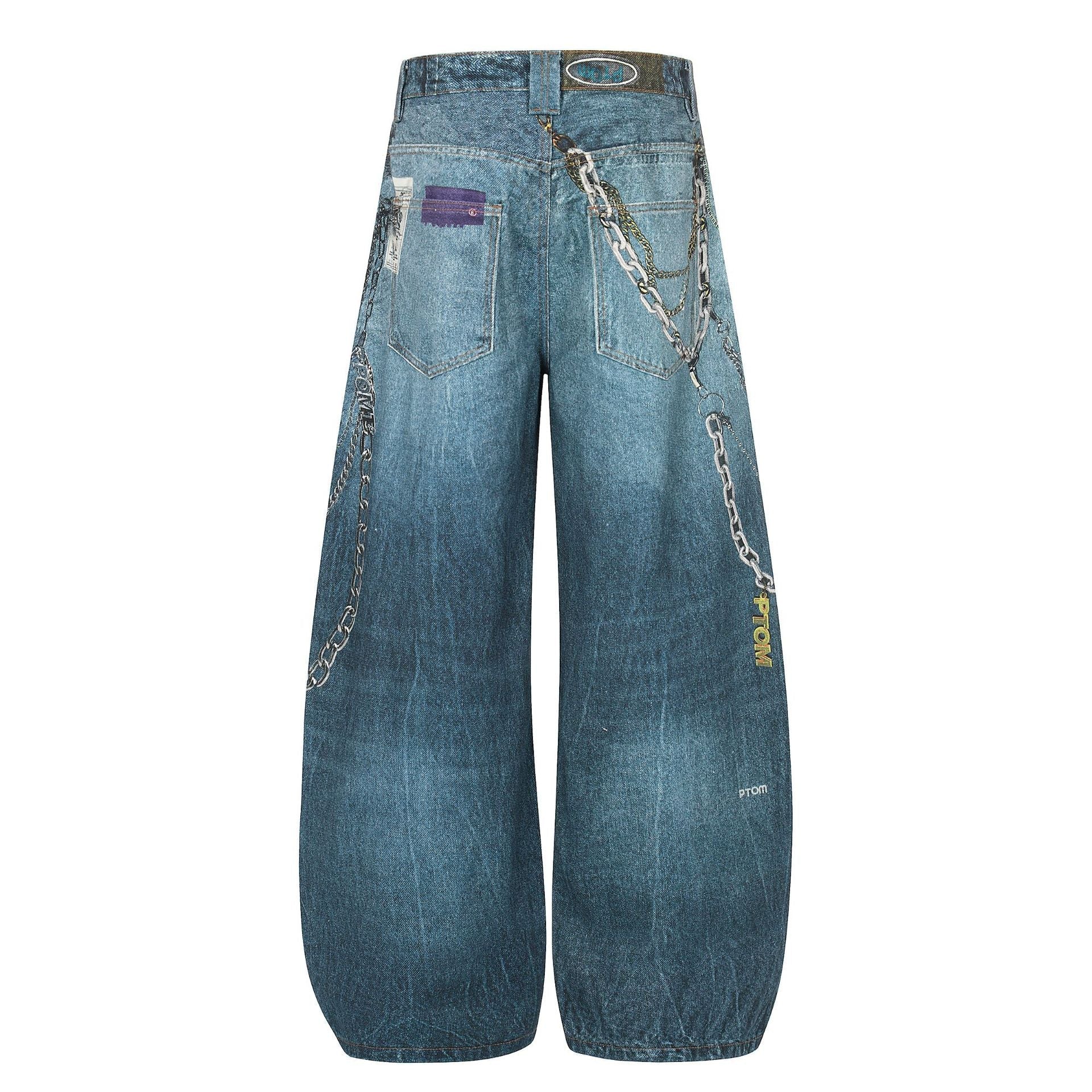 Washed 3D Print Curved Wide Leg Denim Jeans