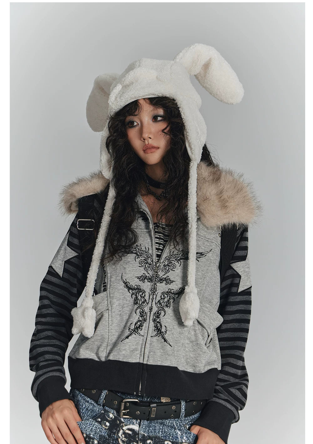 Fur Collar Patchwork Oversize Zipper Hoodie