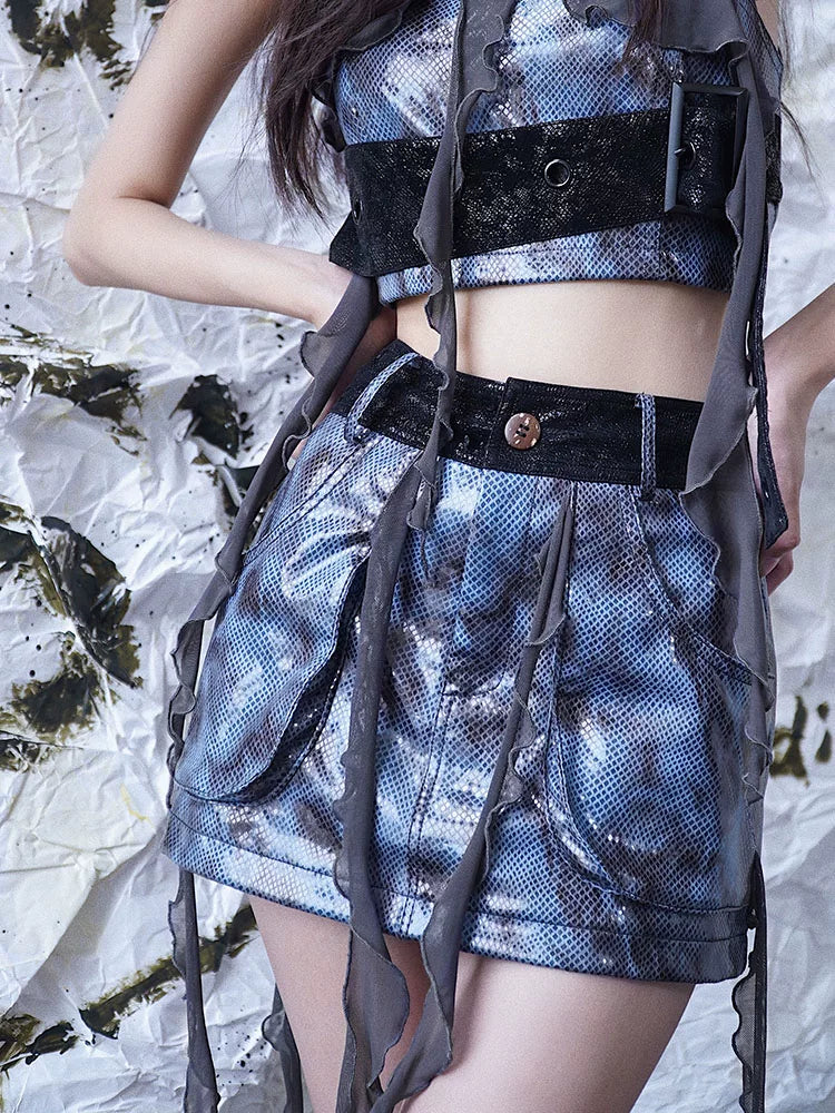 Fringe Patchwork PU Leather Skirt