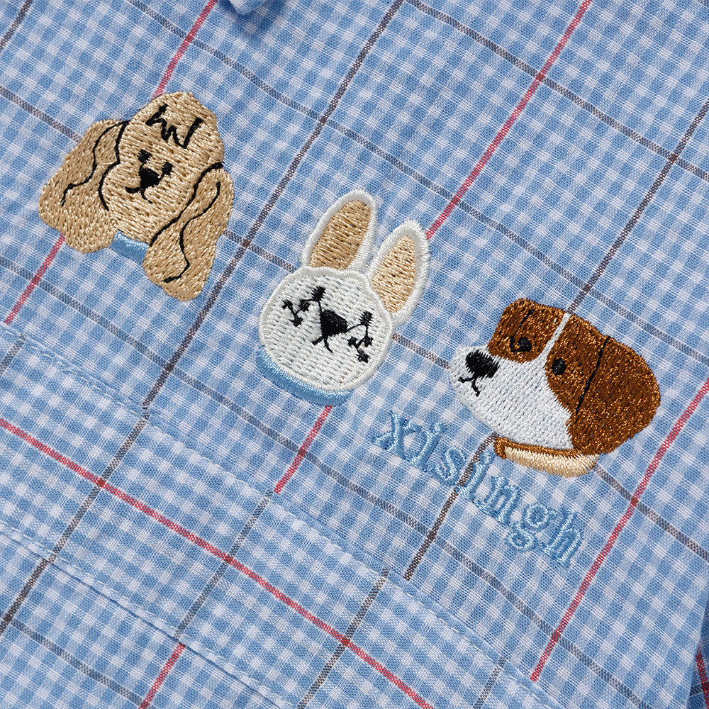 Cartoon-Embroidered Plaid Button-Up Shirt
