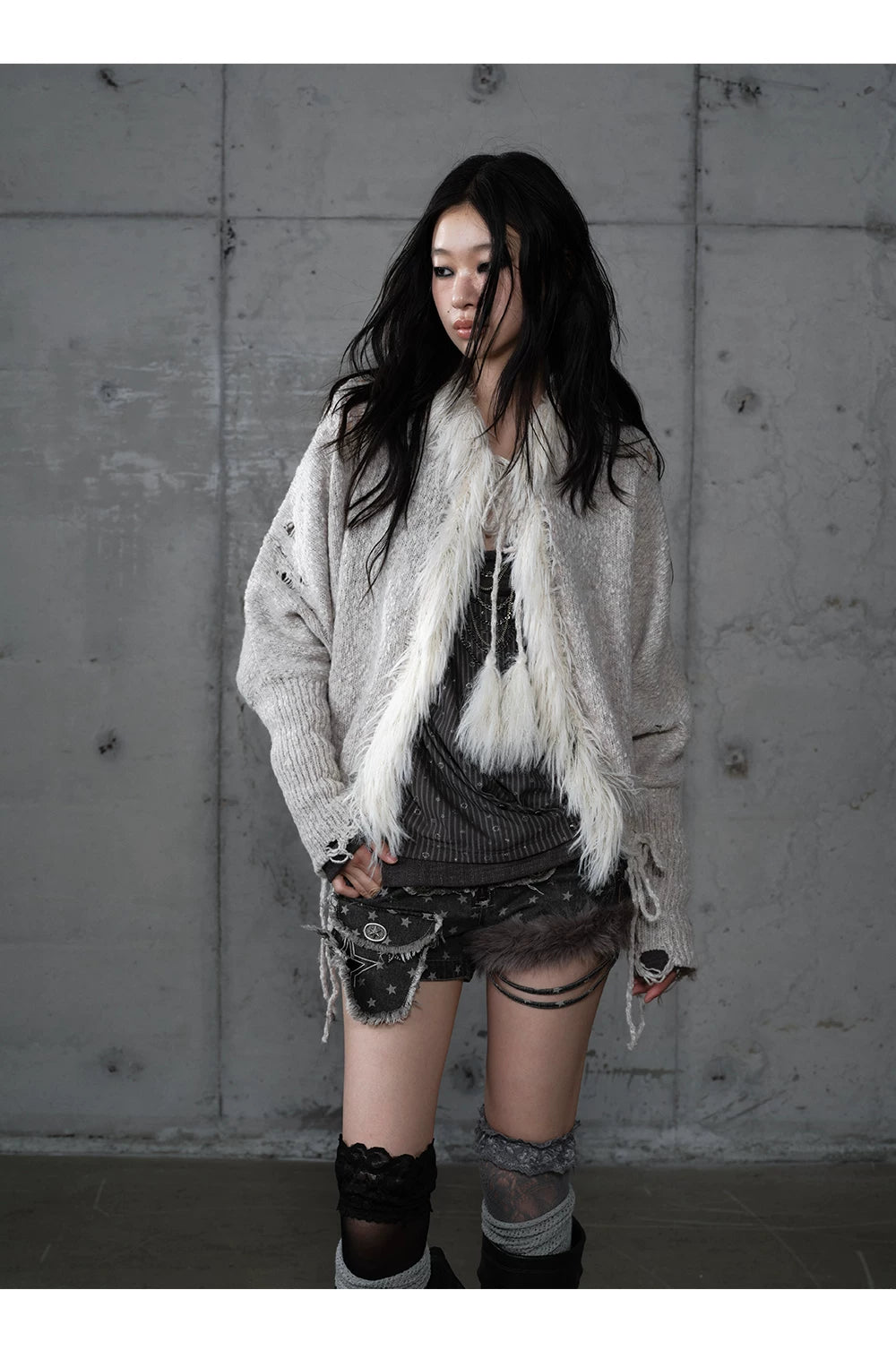 Fake Fur Trim Drawstring Oversize Knit Cardigan