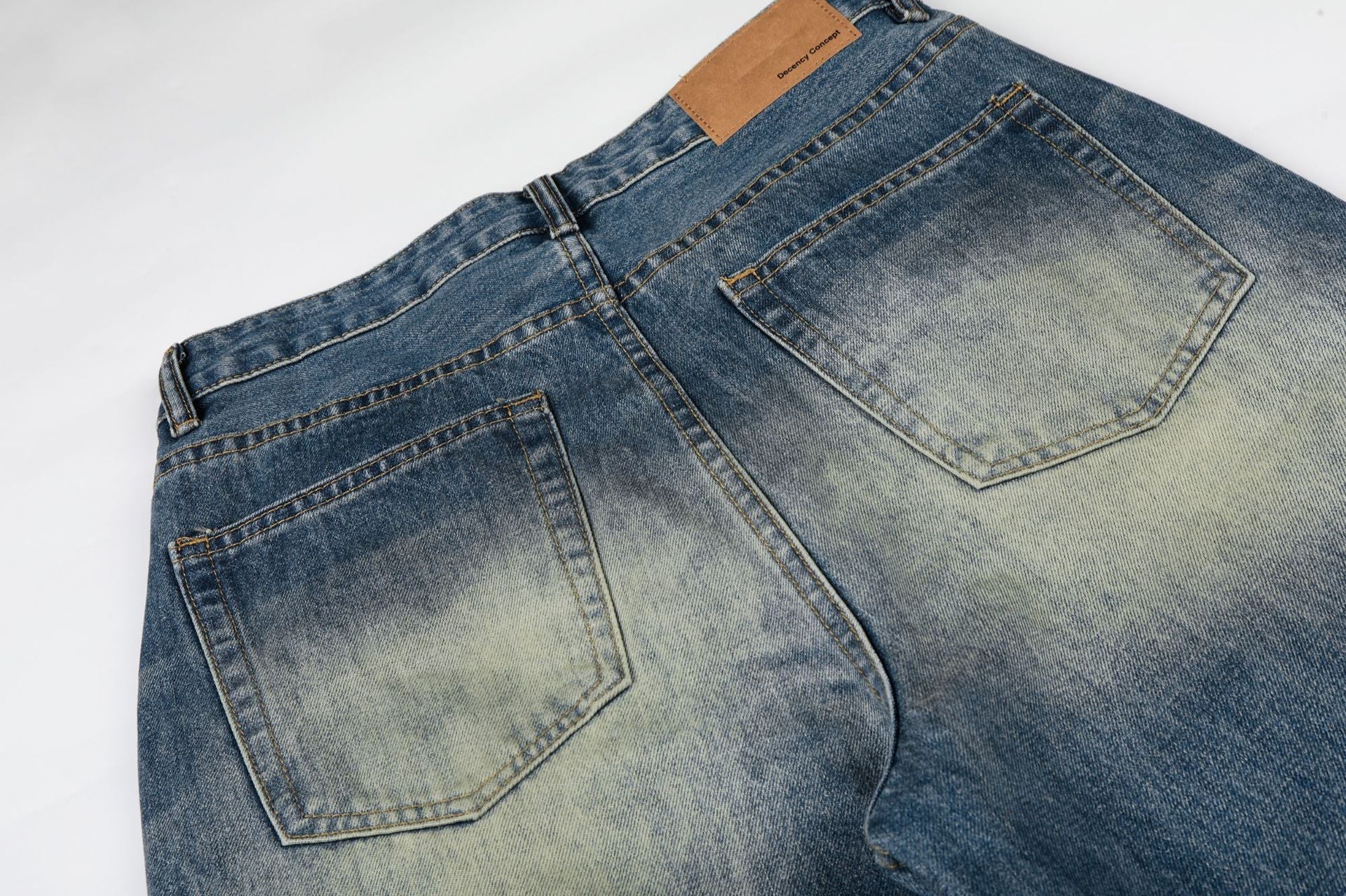 Washed Whisker Damage Wide Leg Denim Jeans