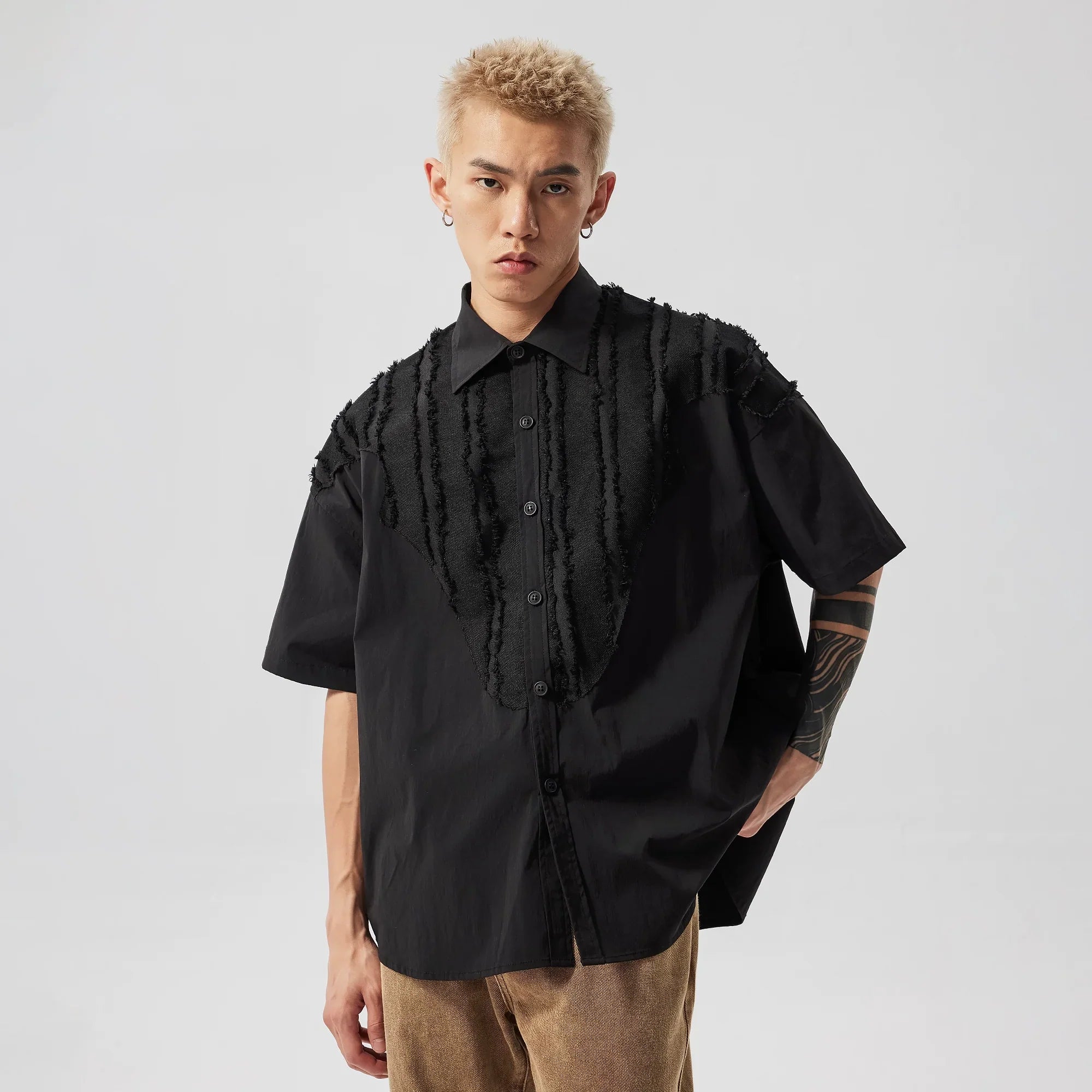 Deconstructed Raw Edge Patchwork Short Sleeve Shirt