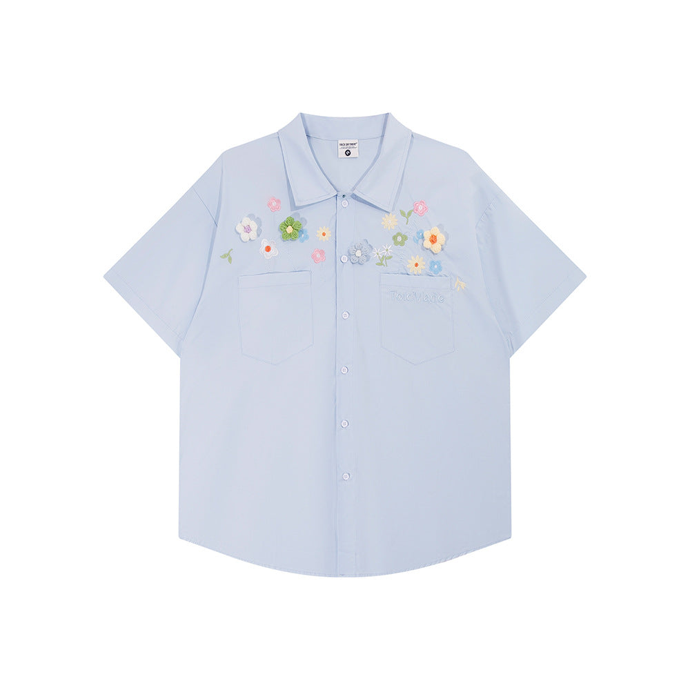 Floral Embroidery Design Short Sleeve Shirt