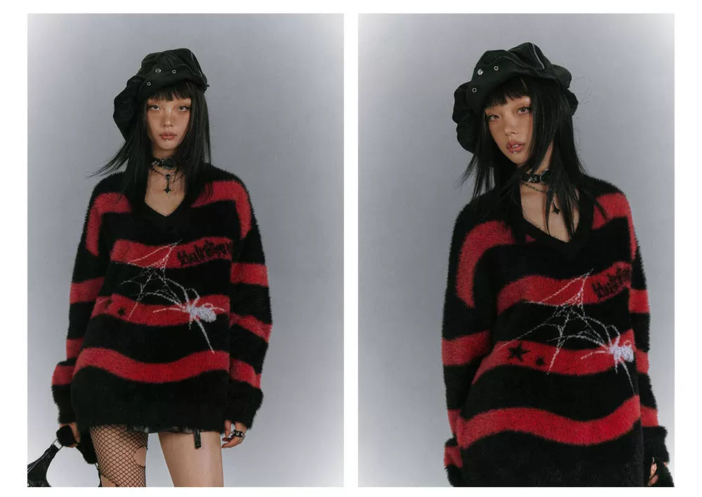 Mohair Spider Pattern Stripe Oversize V-Neck Knit Sweater