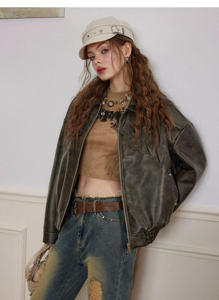 Patch Embroidery Quilted PU Leather Jacket