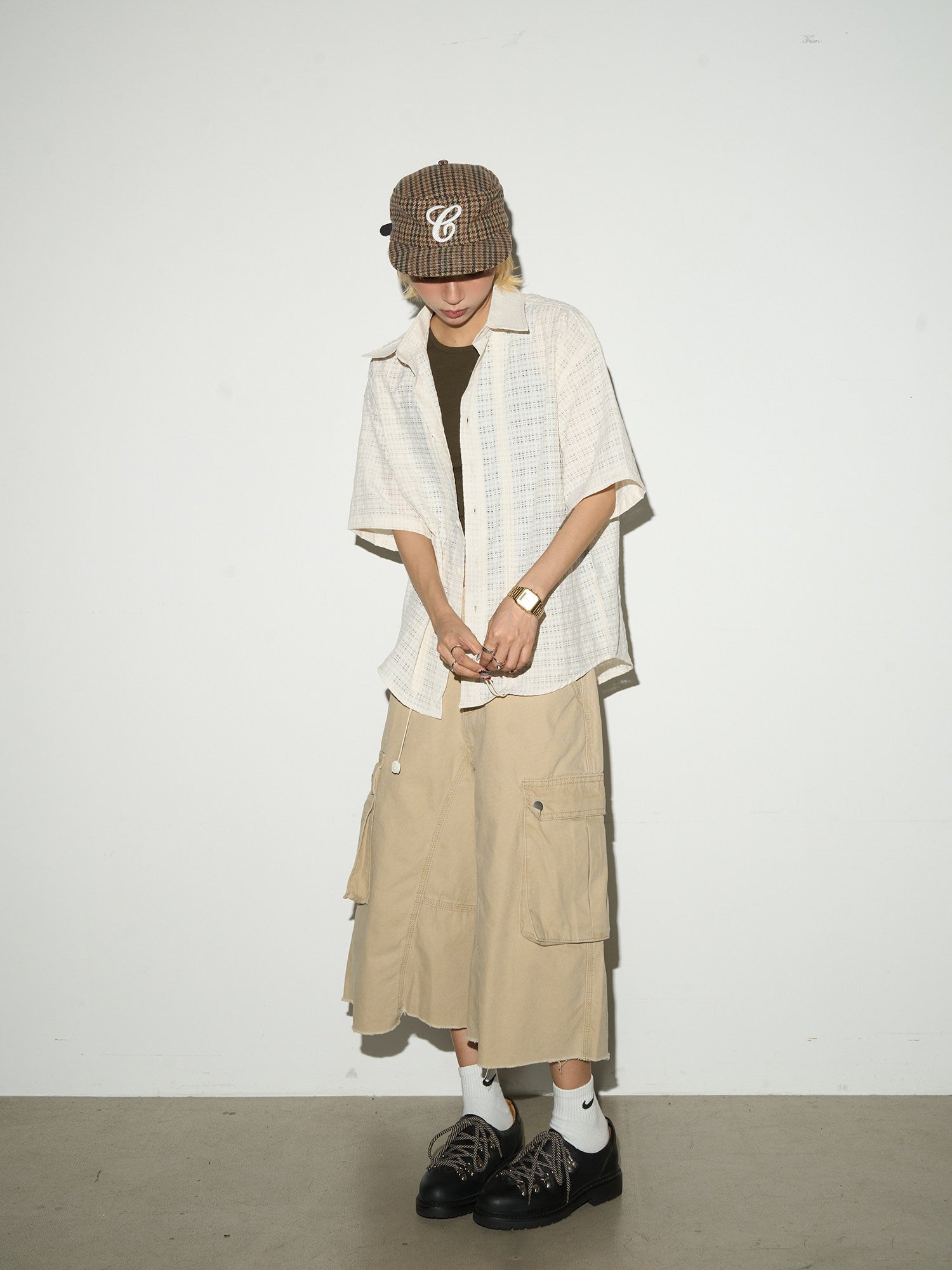 Ruffle Sheer Check Drawstring Hollow Short Sleeve Shirt