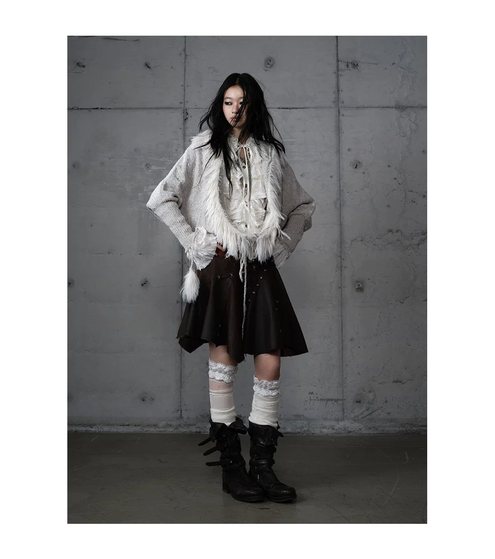 Fake Fur Trim Drawstring Oversize Knit Cardigan