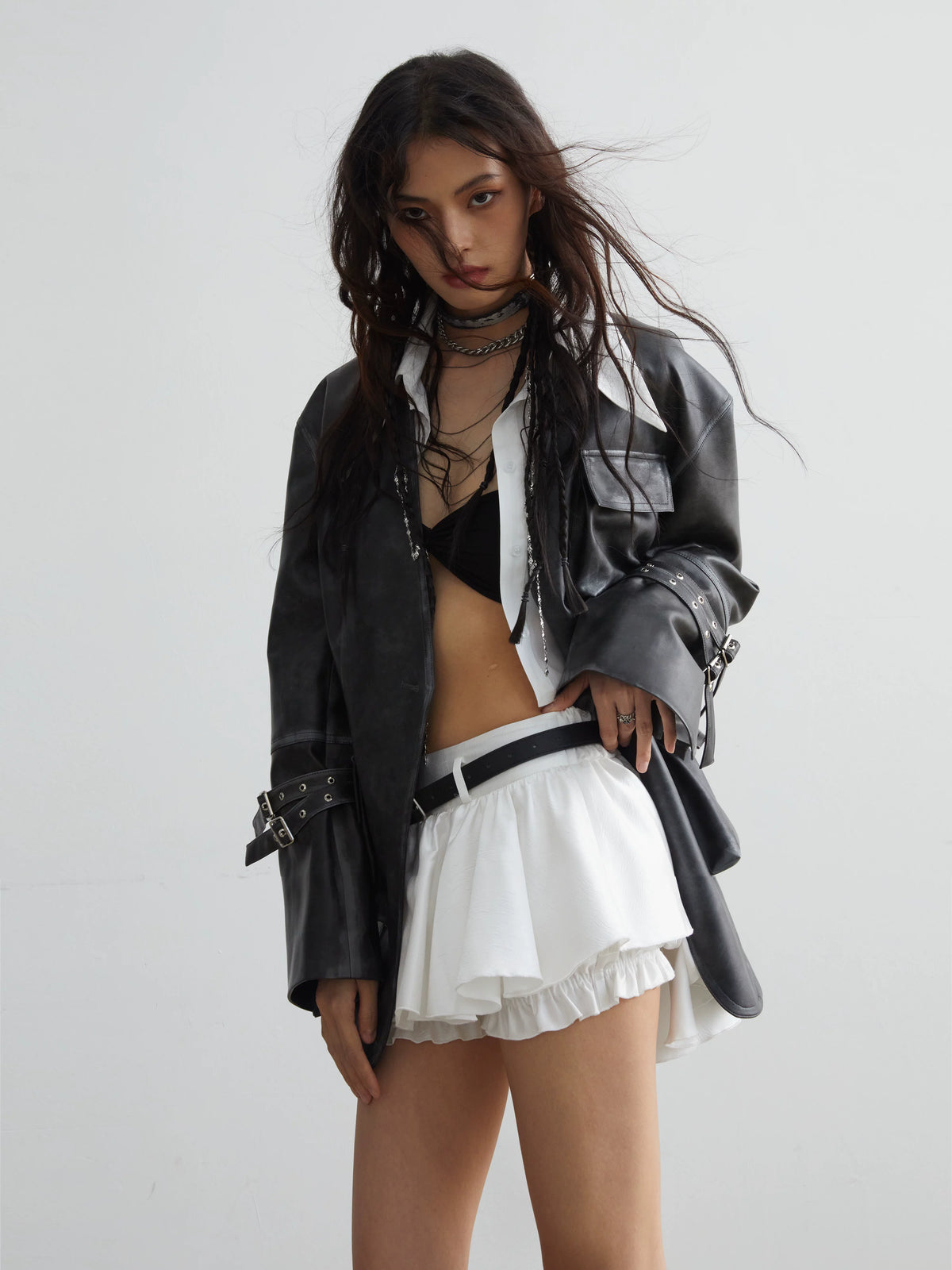 Belt Decoration Ruffle Edge Micro Mini Skirt