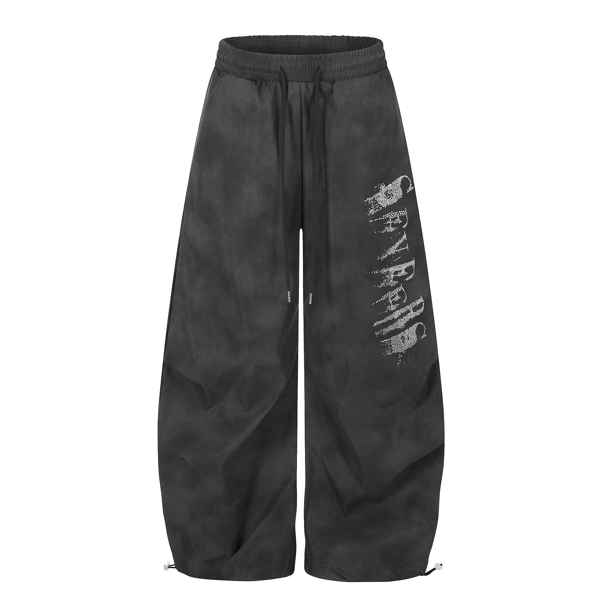 Washed Letter Print Drawstring Wide Leg Pants