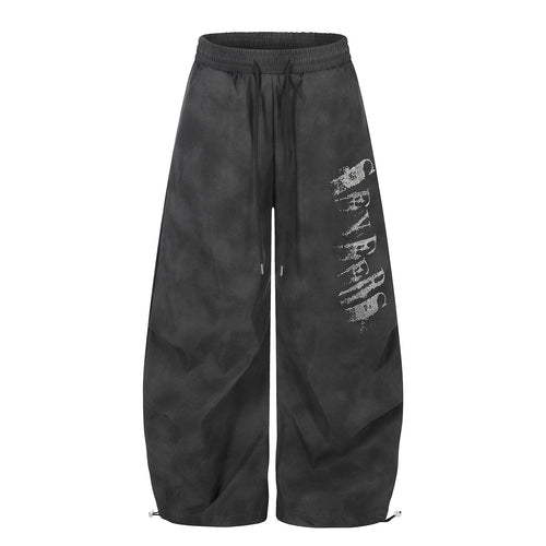 Washed Letter Print Drawstring Wide Leg Pants - Black / S
