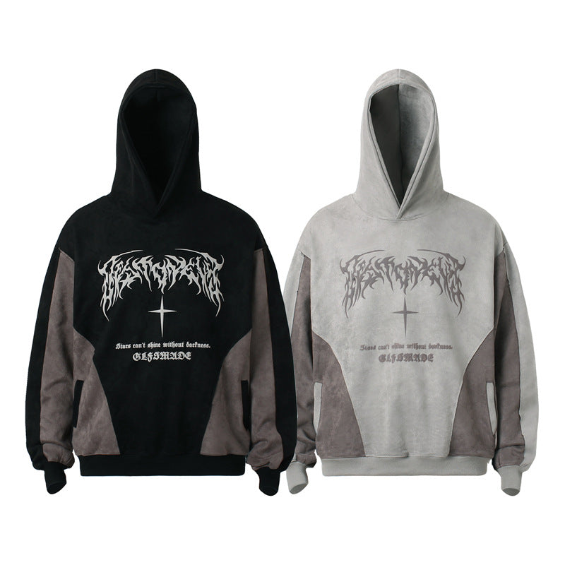 Sudadera con capucha patchwork de ante con estampado de letras de espuma