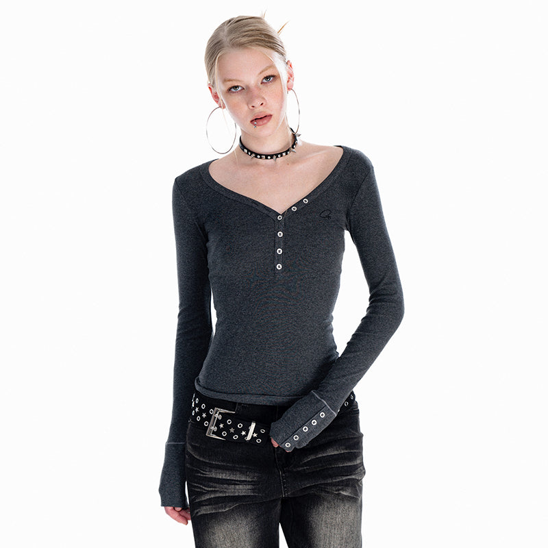 Button Babes long sleeve V-neck T-shirt