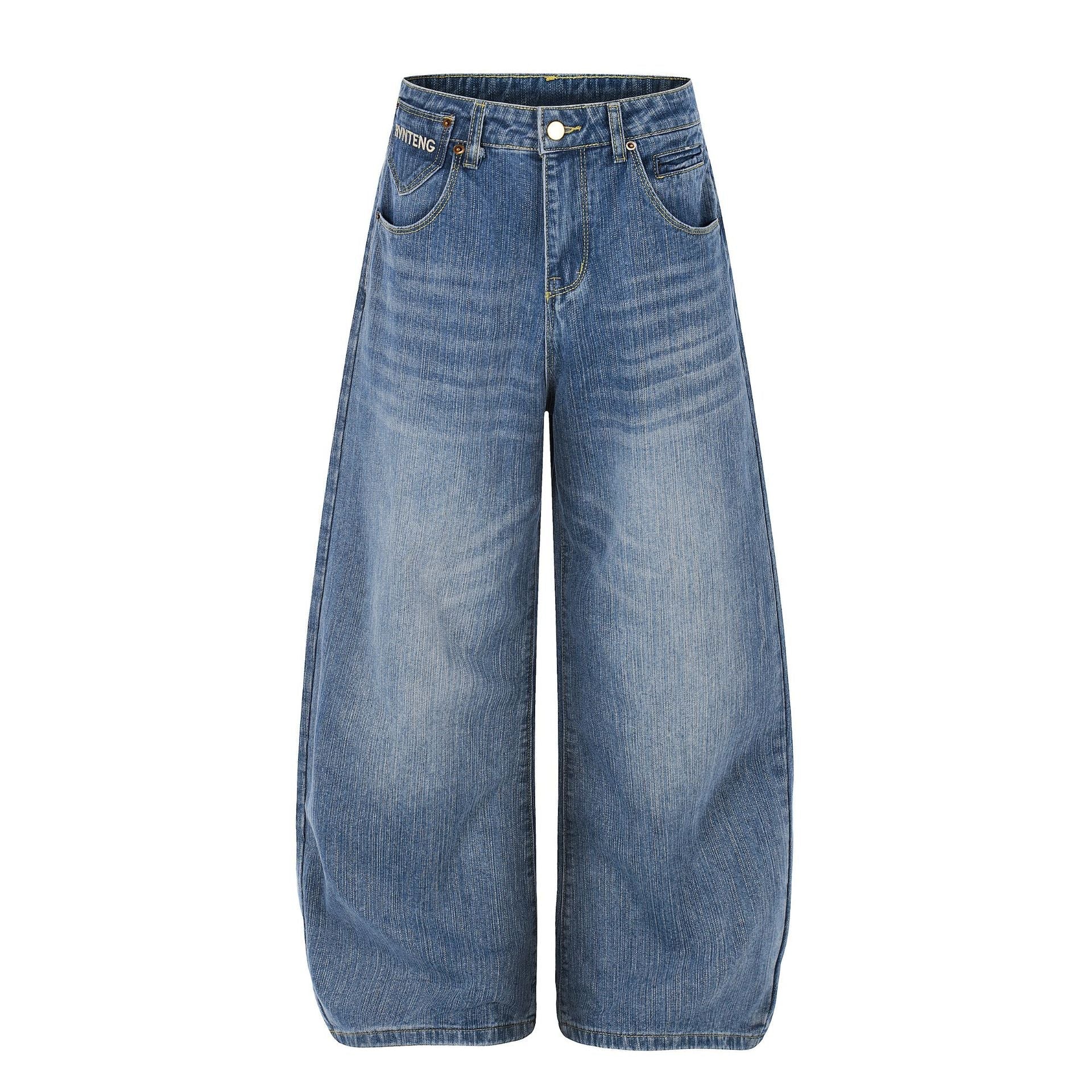 Washed Logo Embroidery Wide Leg Denim Jeans