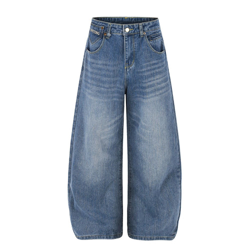 Washed Logo Embroidery Wide Leg Denim Jeans - Blue / S