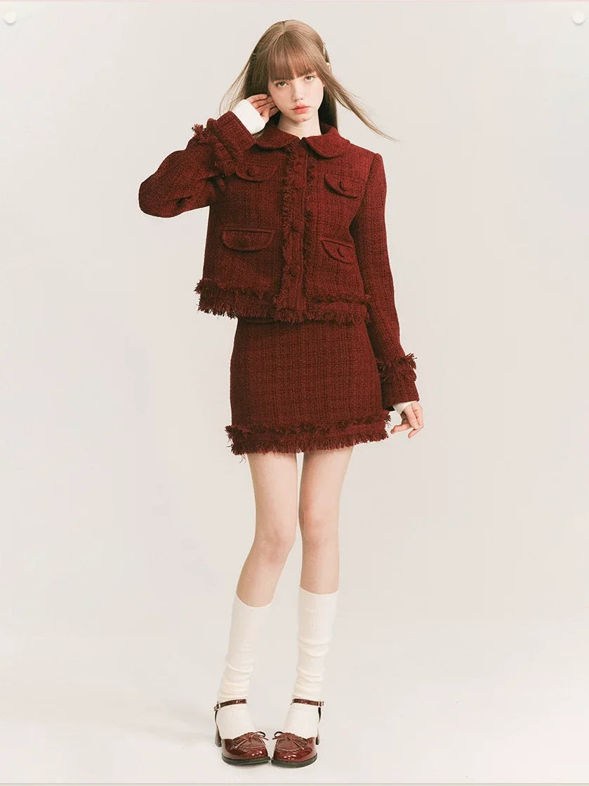 Round Collar Tweed Jacket & A-Line Tweed Skirt Setup