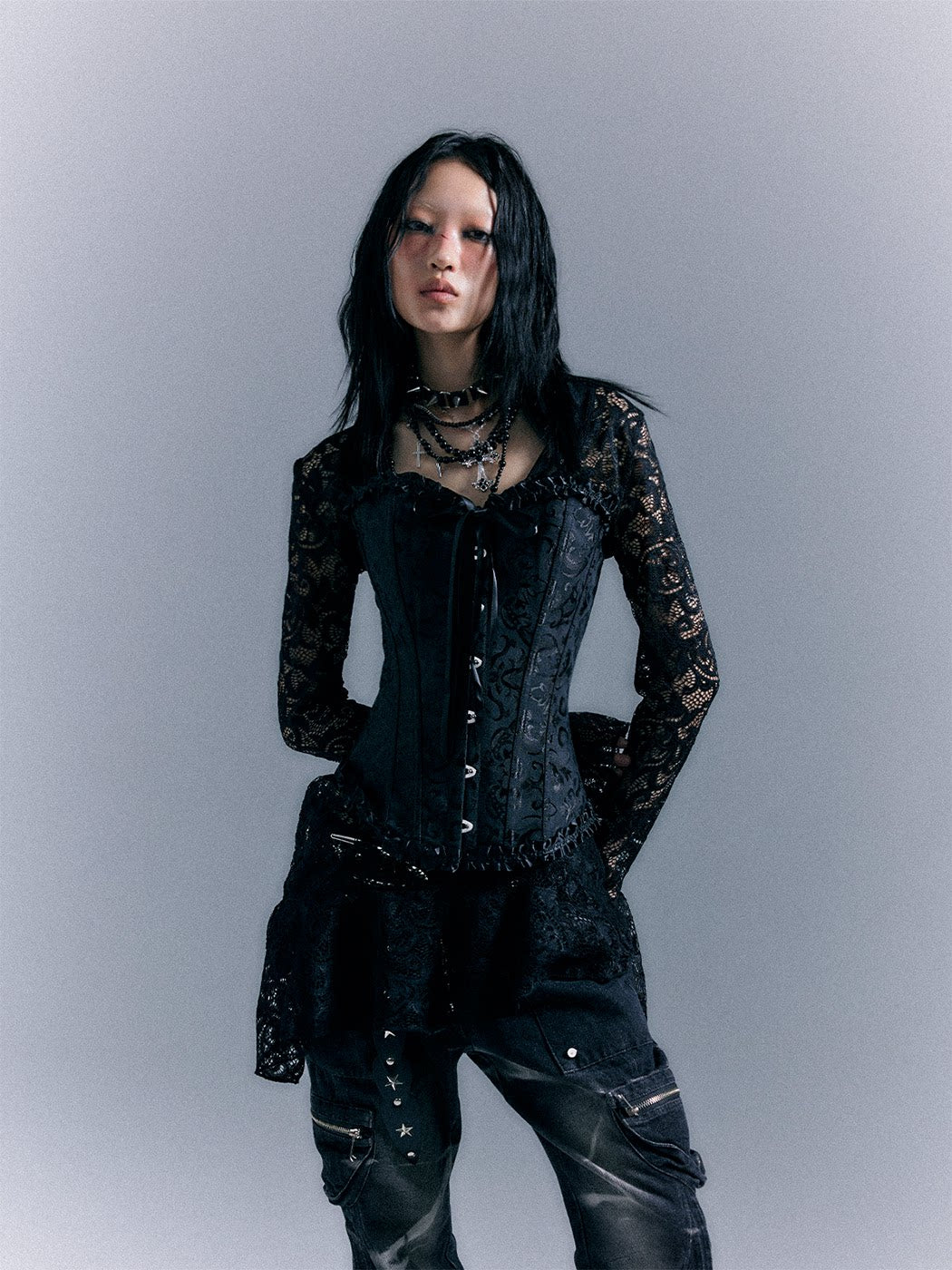 Lace-Up Corset Top & Lace Long Sleeve Dress Setup