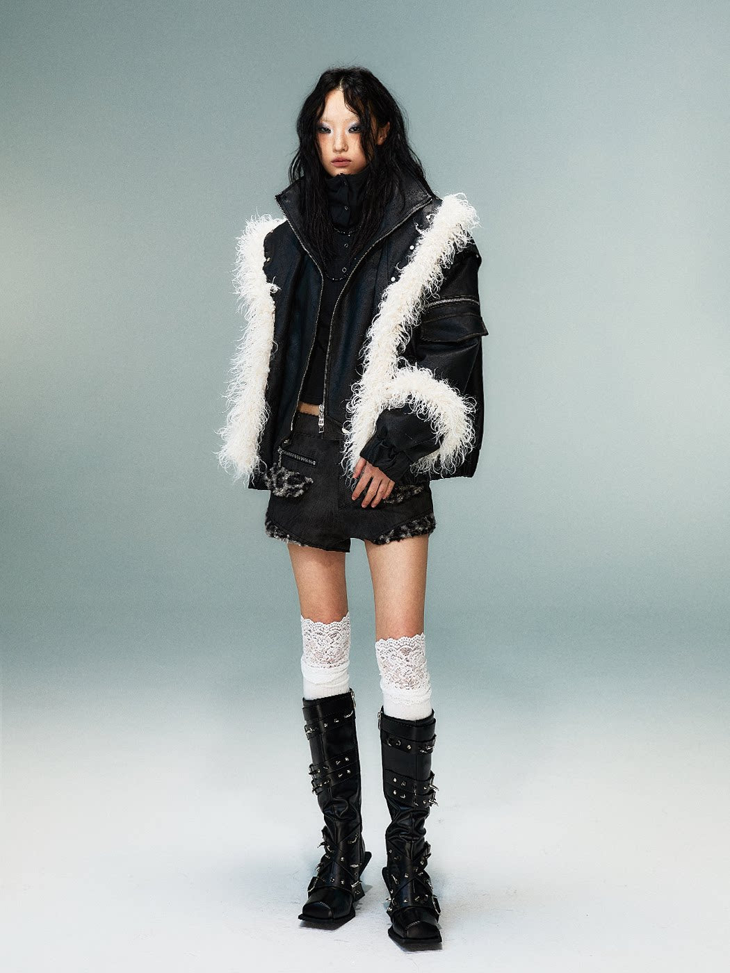Fake Layered Washed Thickened PU Leather Padded Short Jacket