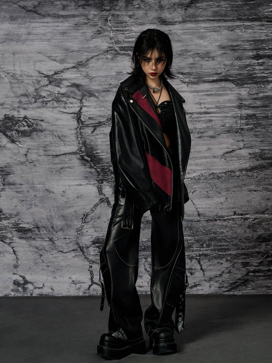 Metal-Embellished Straight-Leg PU Leather Cargo Pants