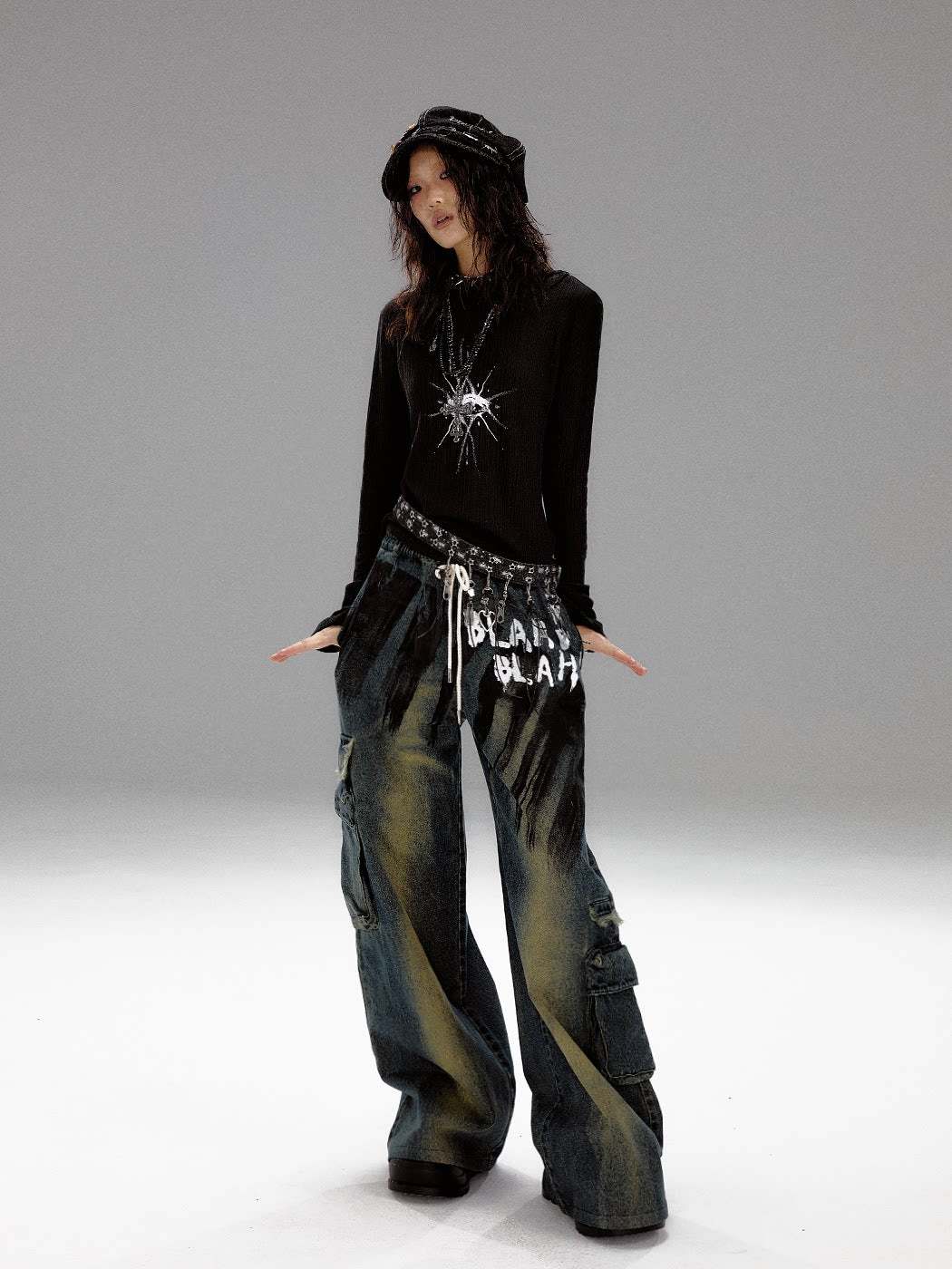 Washed Graffiti Wide-Leg Straight Dnim Jeans