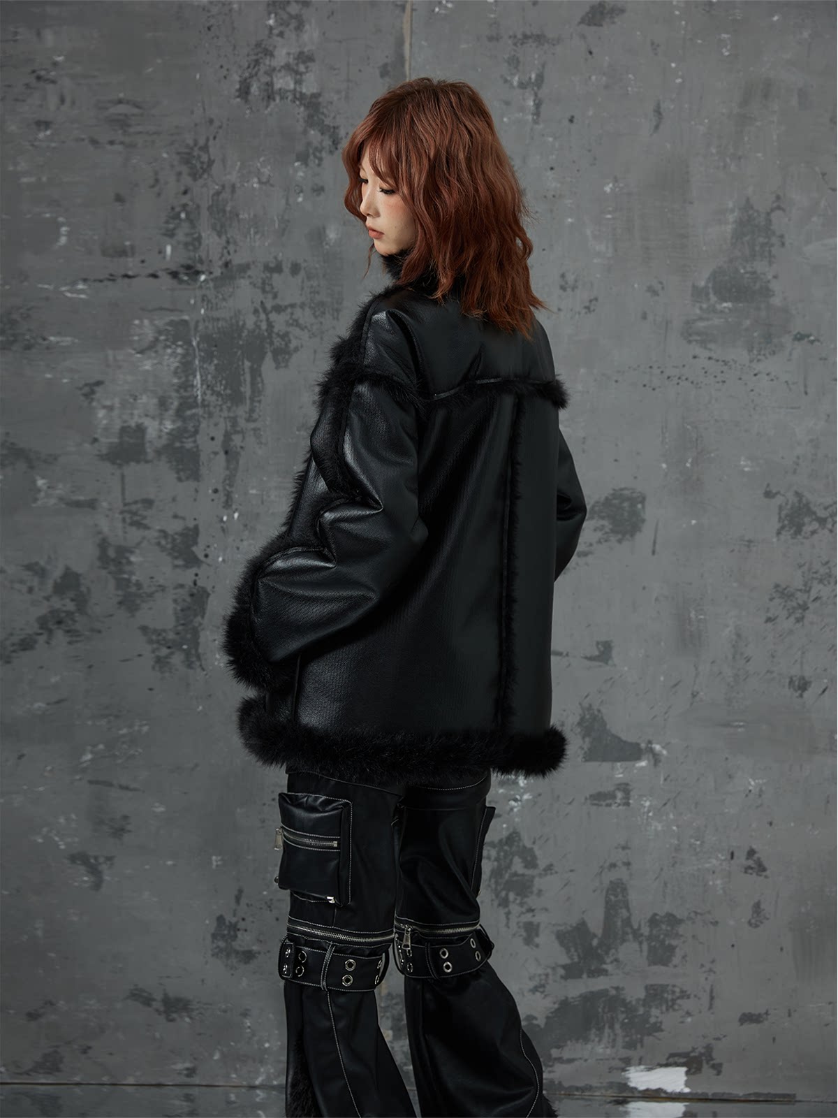 Punk Oversize Metal-Accent Shearling Jacket