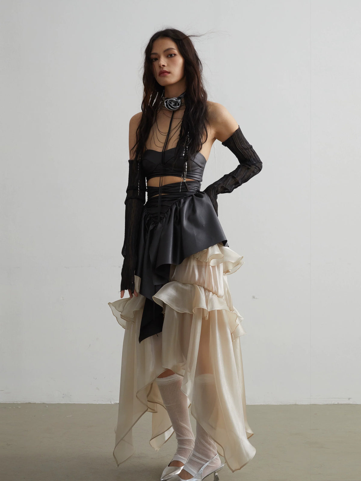 Glossy Layered Ruffle Edge Skirt
