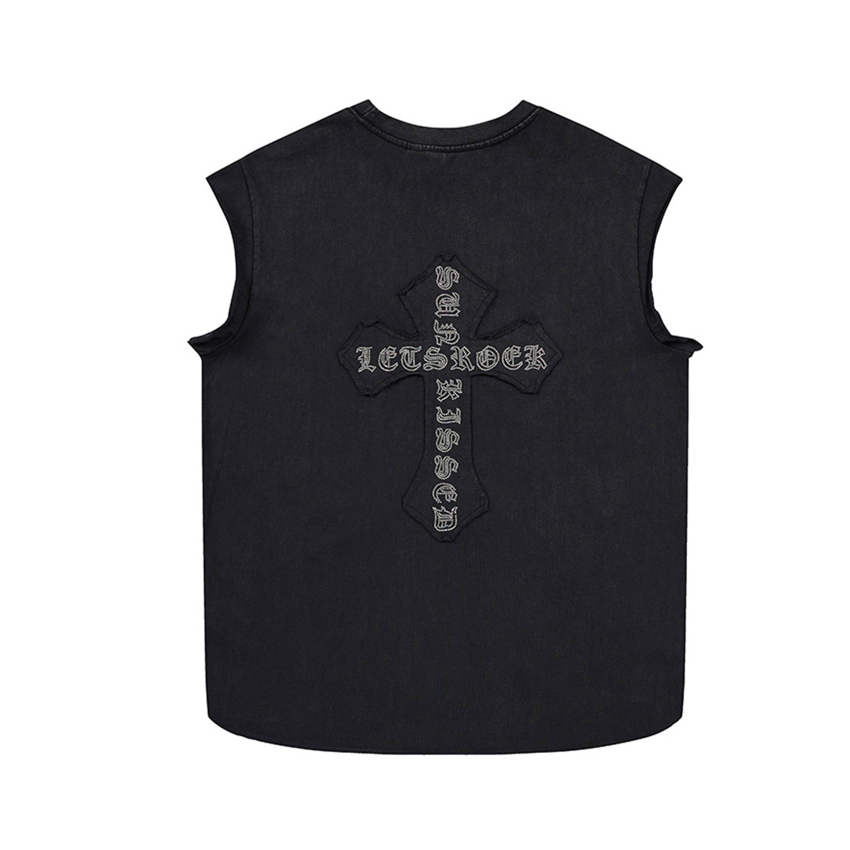 Cross Rhinestone Washed Damage Sleeveless T-Shirt