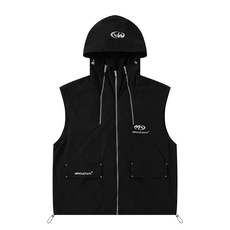 Embroidery Zipper Hooded Vest