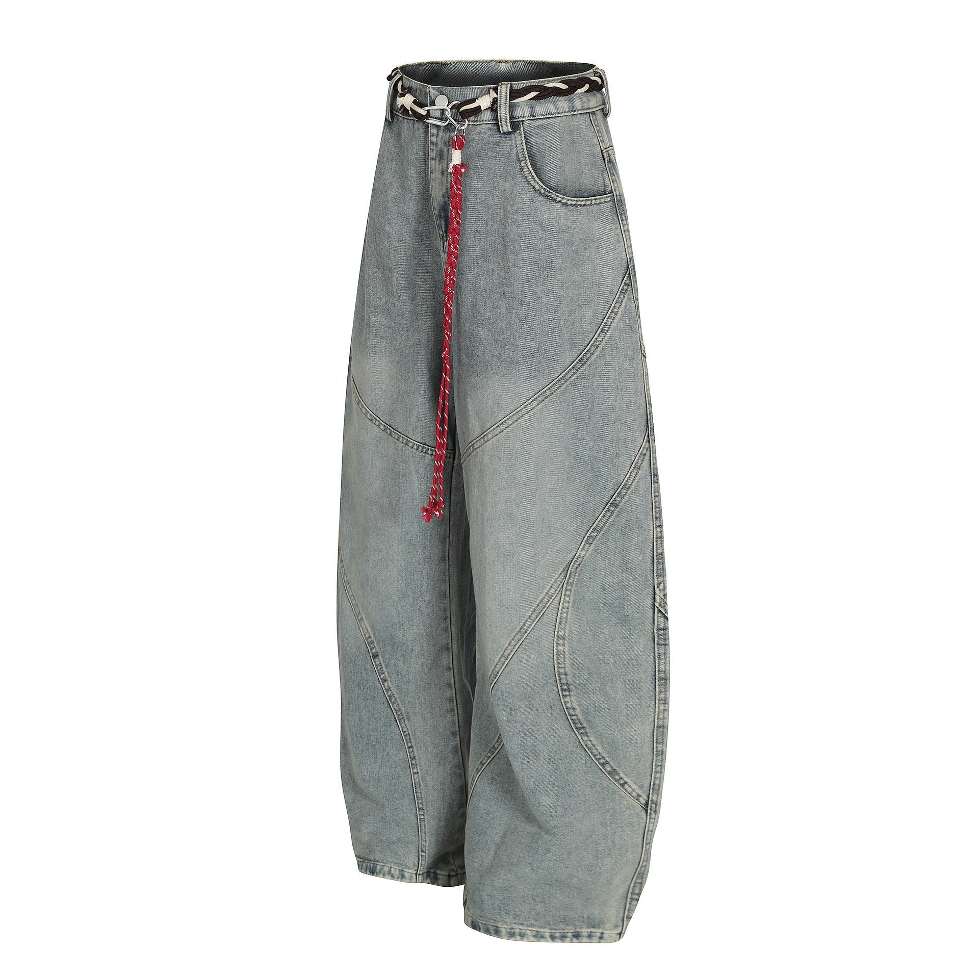 Belt Curved Wide Leg Denim Jeans