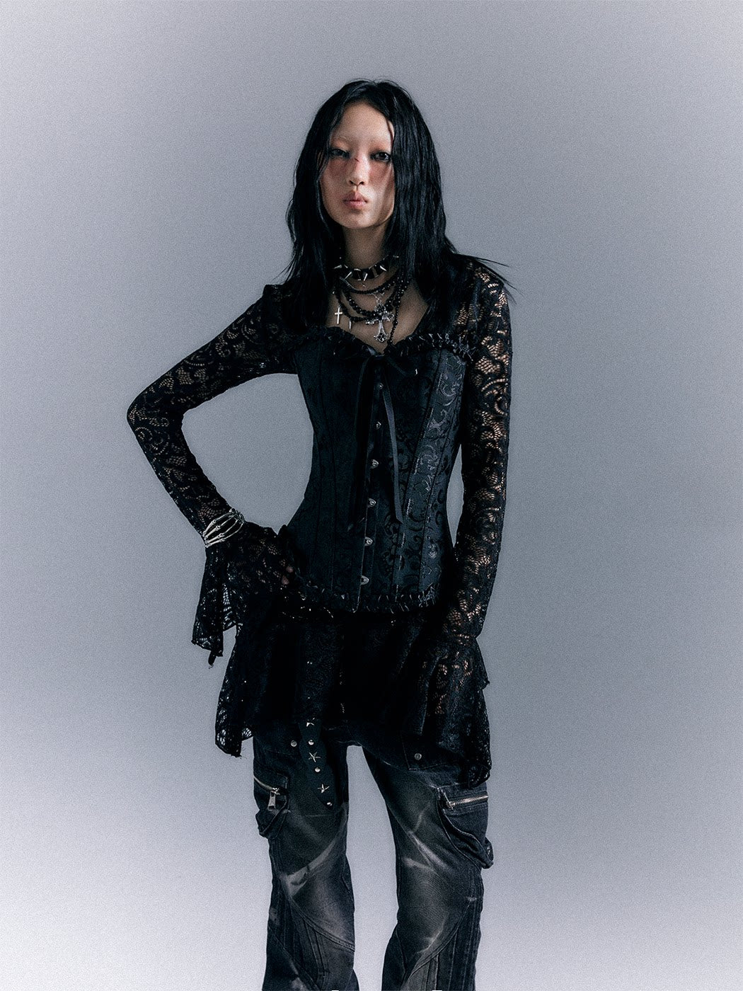 Lace-Up Corset Top & Lace Long Sleeve Dress Setup