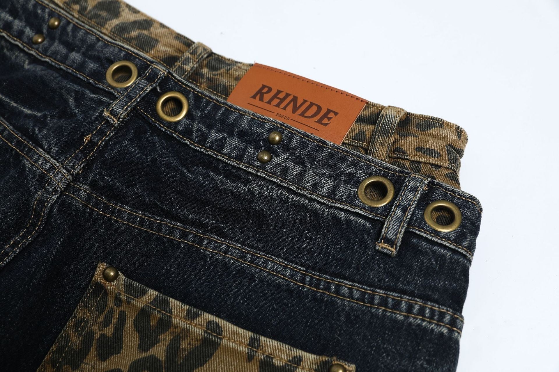 Fake Layered Leopard Print Wide Leg Denim Jeans