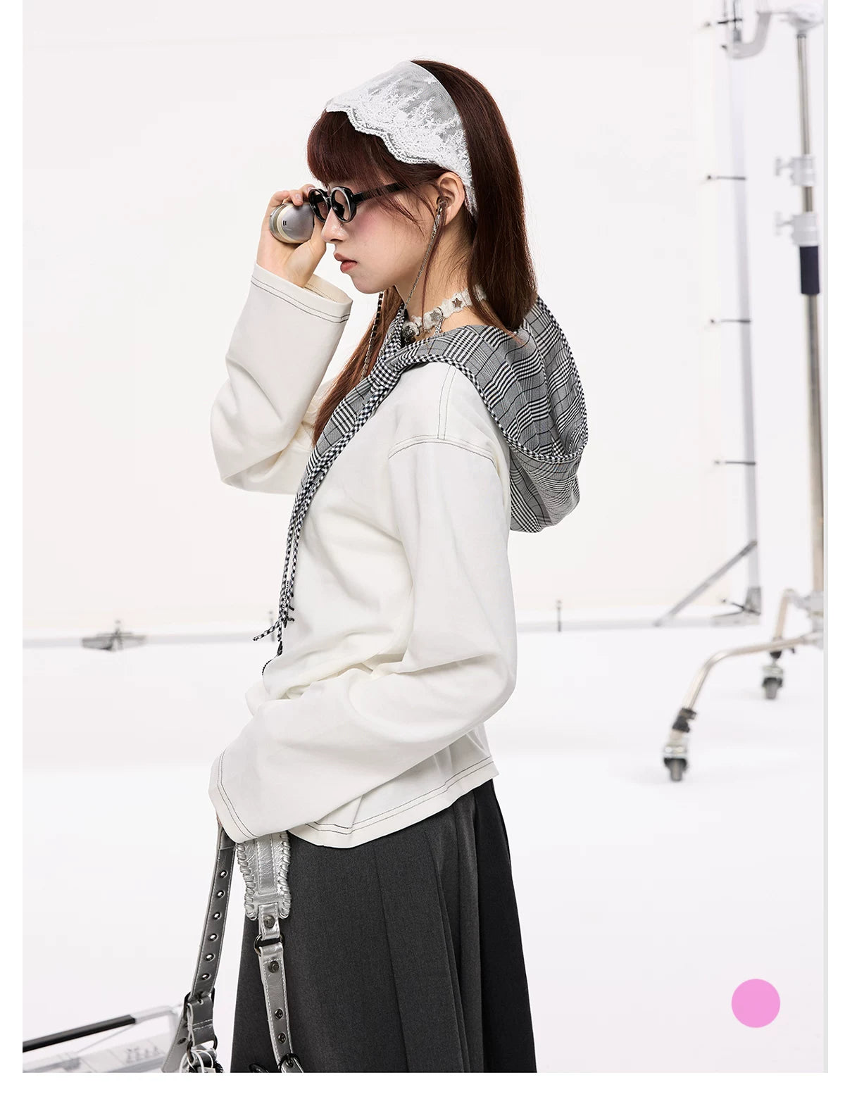 Beaded Letter Embroidery Plaid Hooded Oversize Long Sleeve T-Shirt
