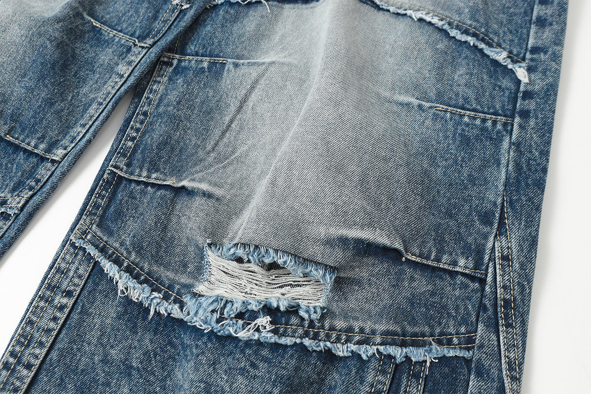 Washed Damage Splice Wide Leg Denim Jeans