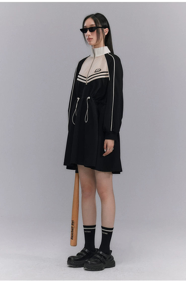 Embroidery Color Blocking Sporty Long Sleeve Jersey Dress