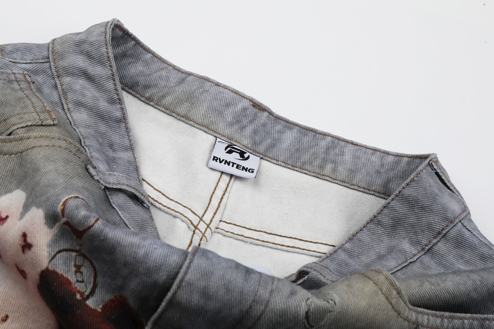 Washed Damage Embroidery Wide Leg Denim Jeans