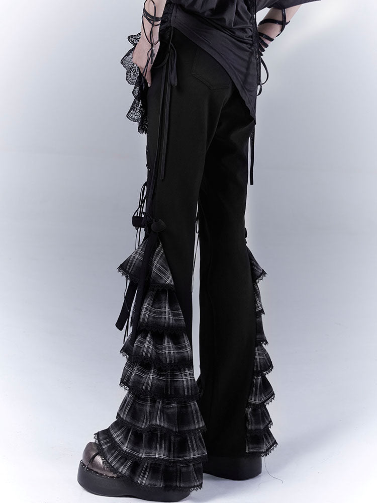 Plaid Tie Detail Tiered Pants
