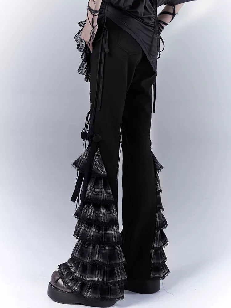 Plaid Tie Detail Tiered Pants