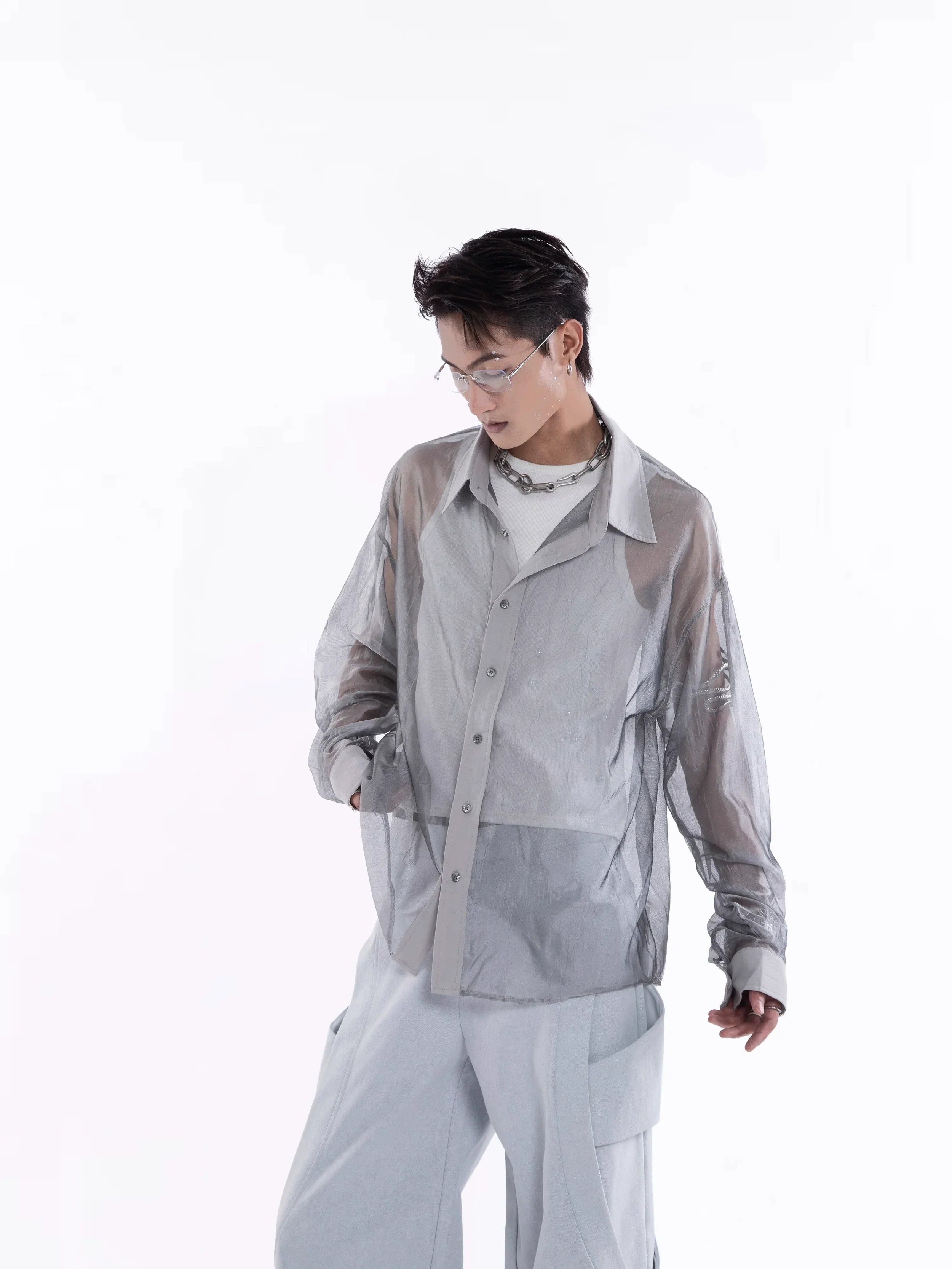 Sheer Draped Oversize Long Sleeve Shirt