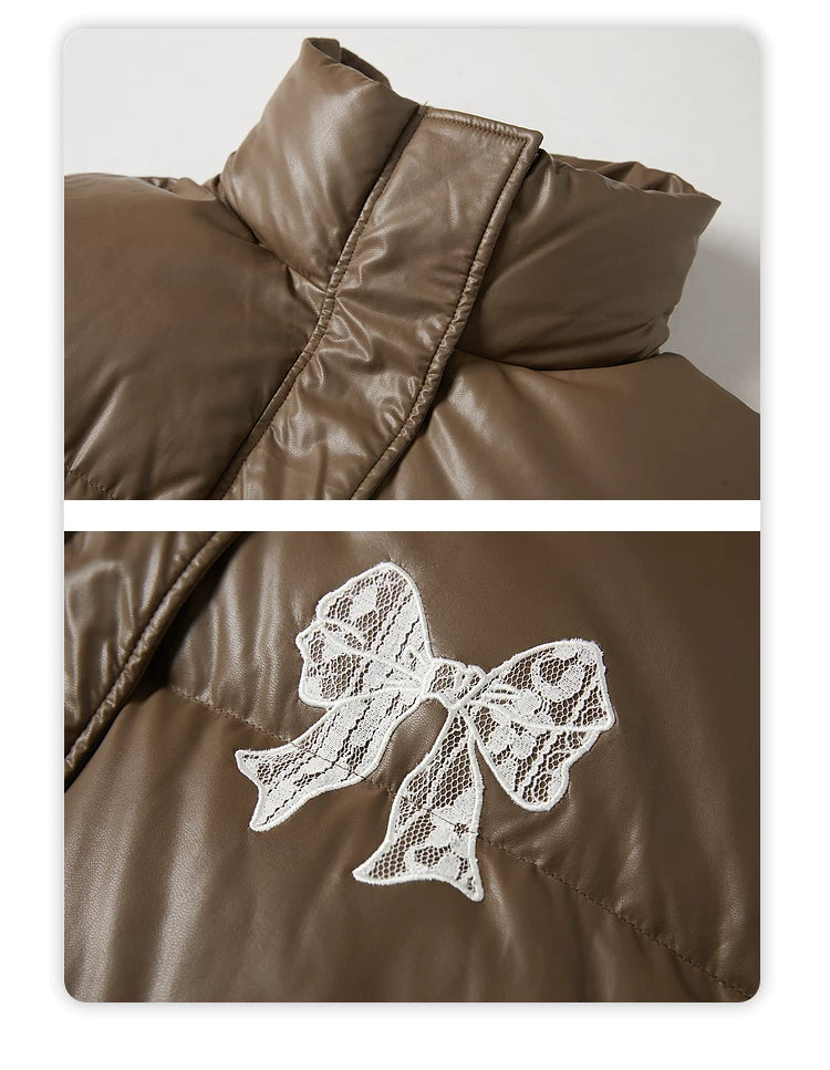 Fake PU Leather Stand Neck Lace Patchwork White Duck Down Jacket