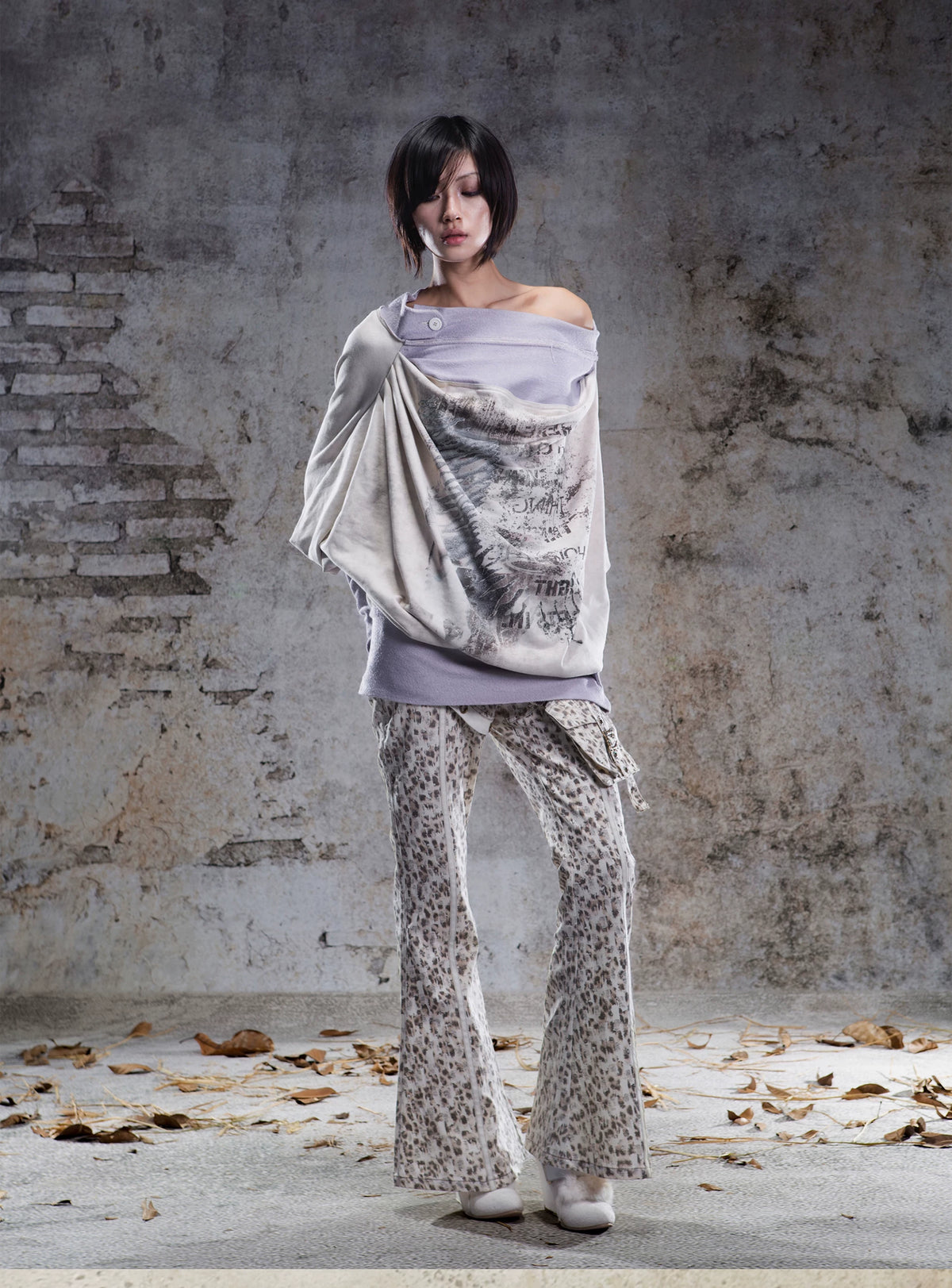 Original Fake Two-Piece Oversize Batwing Sleeve Floral Off-Shoulder Long Sleeve T-Shirts