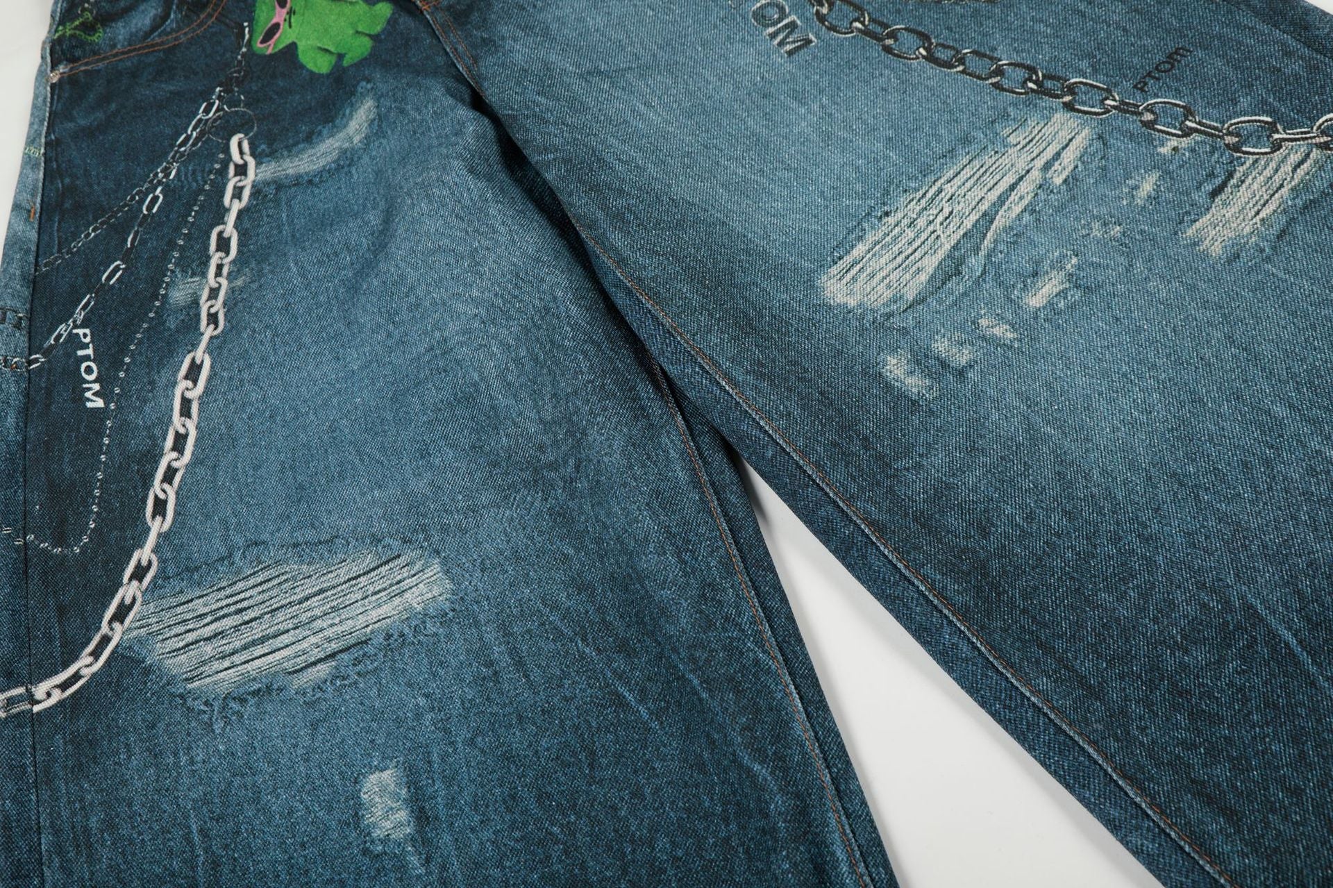 Washed 3D Print Curved Wide Leg Denim Jeans