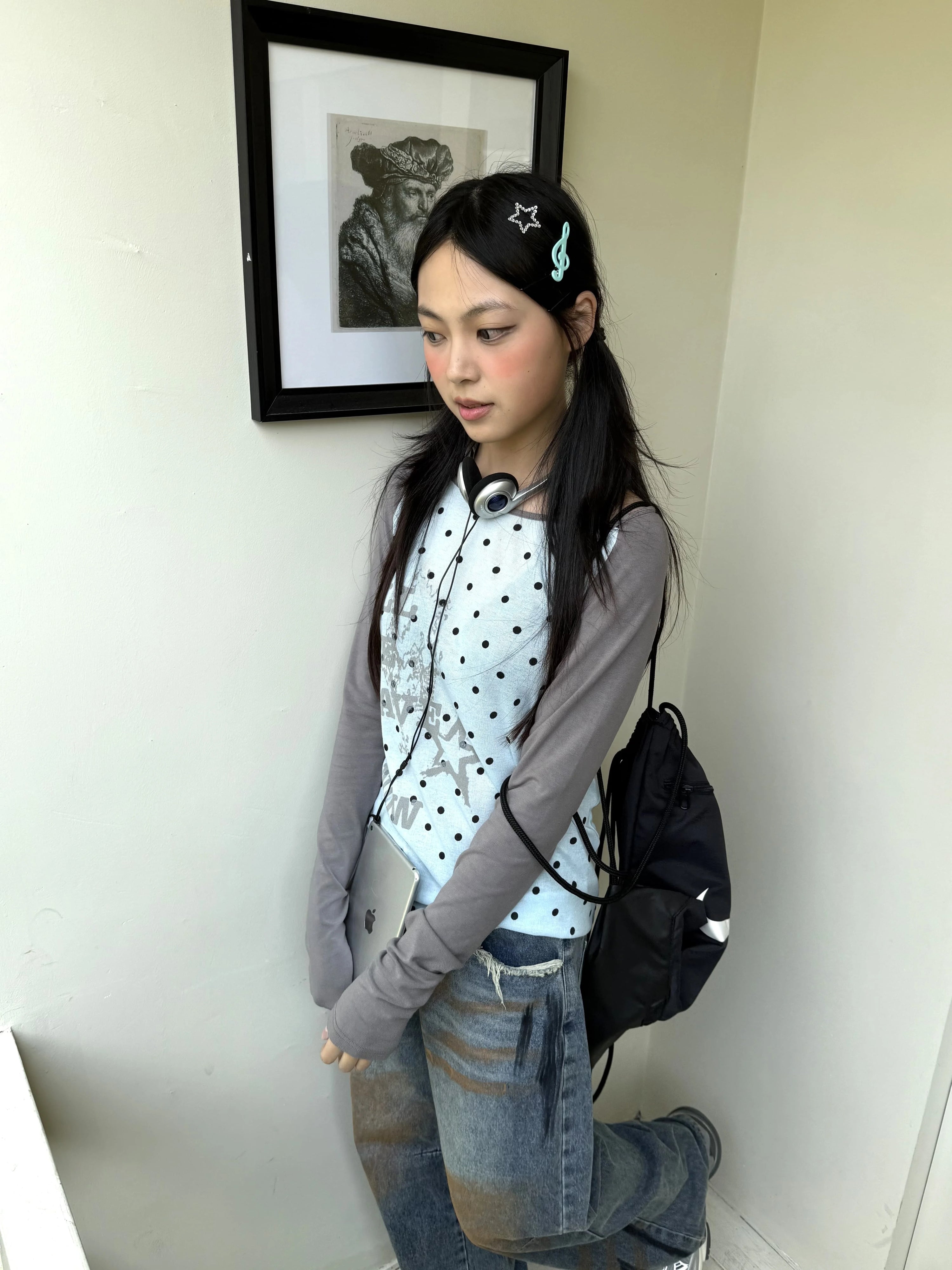 Polka Dot Letter Print Fake Layered Fitted Long Sleeve T-Shirt