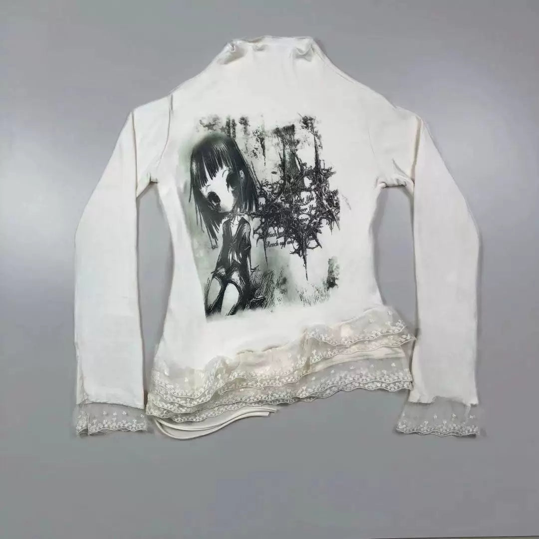 Gothic Emo Girl Fake Layered Lace-Trim Long Sleeve T-Shirt