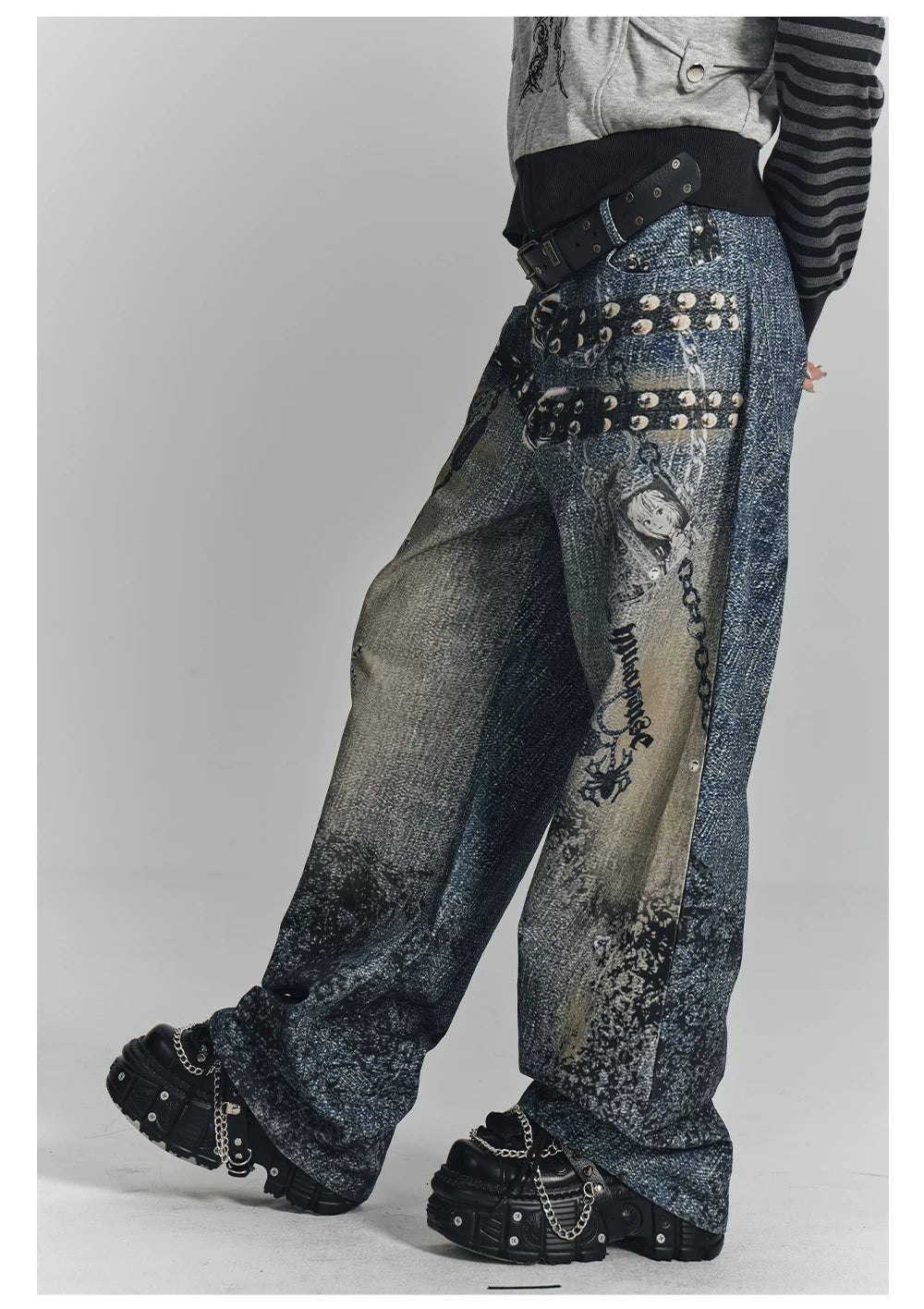 Chain Design Wide Leg Straight Denim Jeans