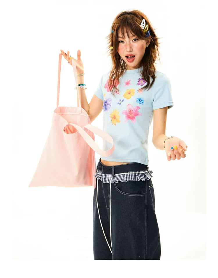 Flower Print Cropped Short Sleeve T-Shirt