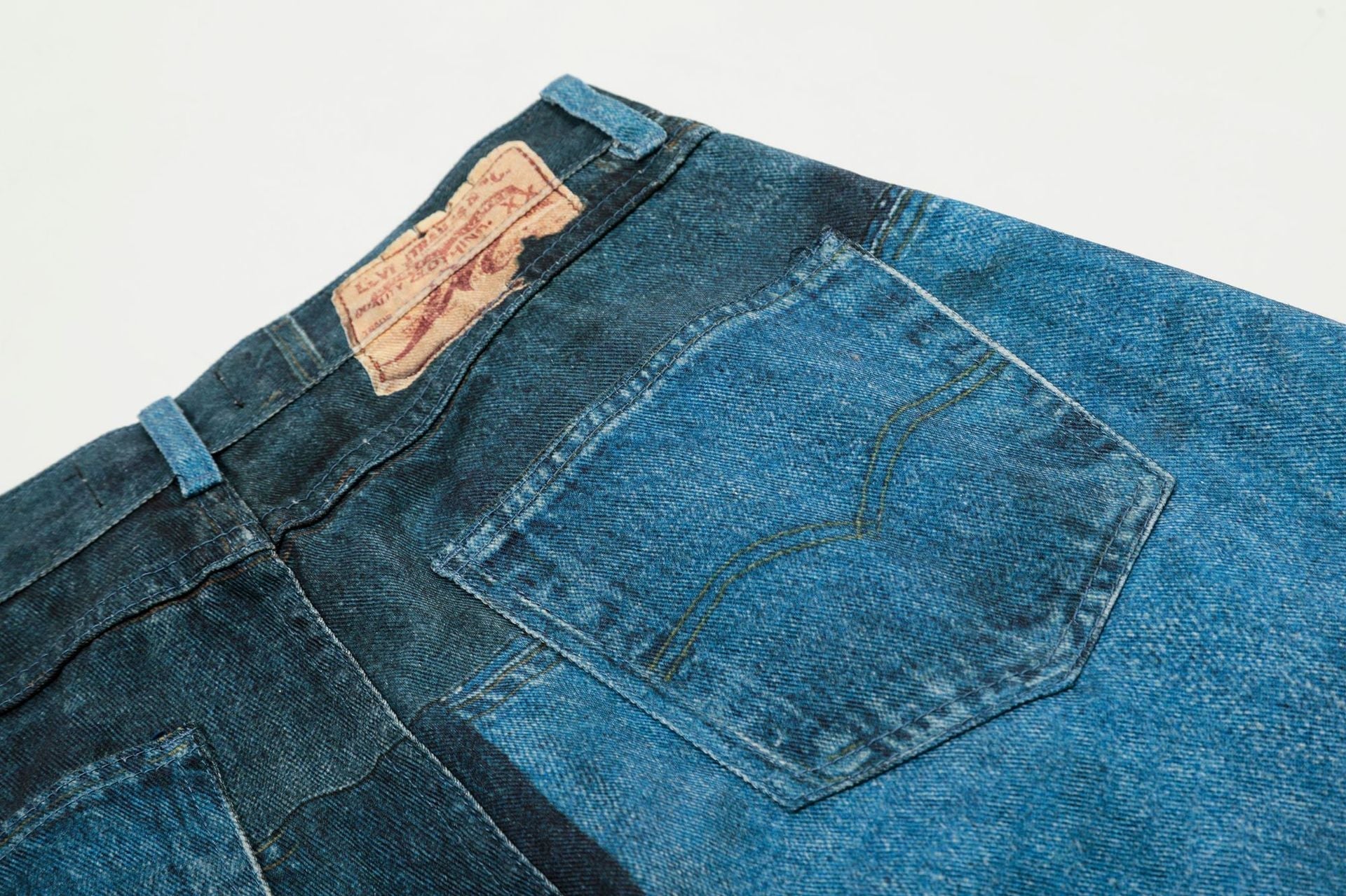 Washed Irregular Print Wide Leg Curved Denim Jeans