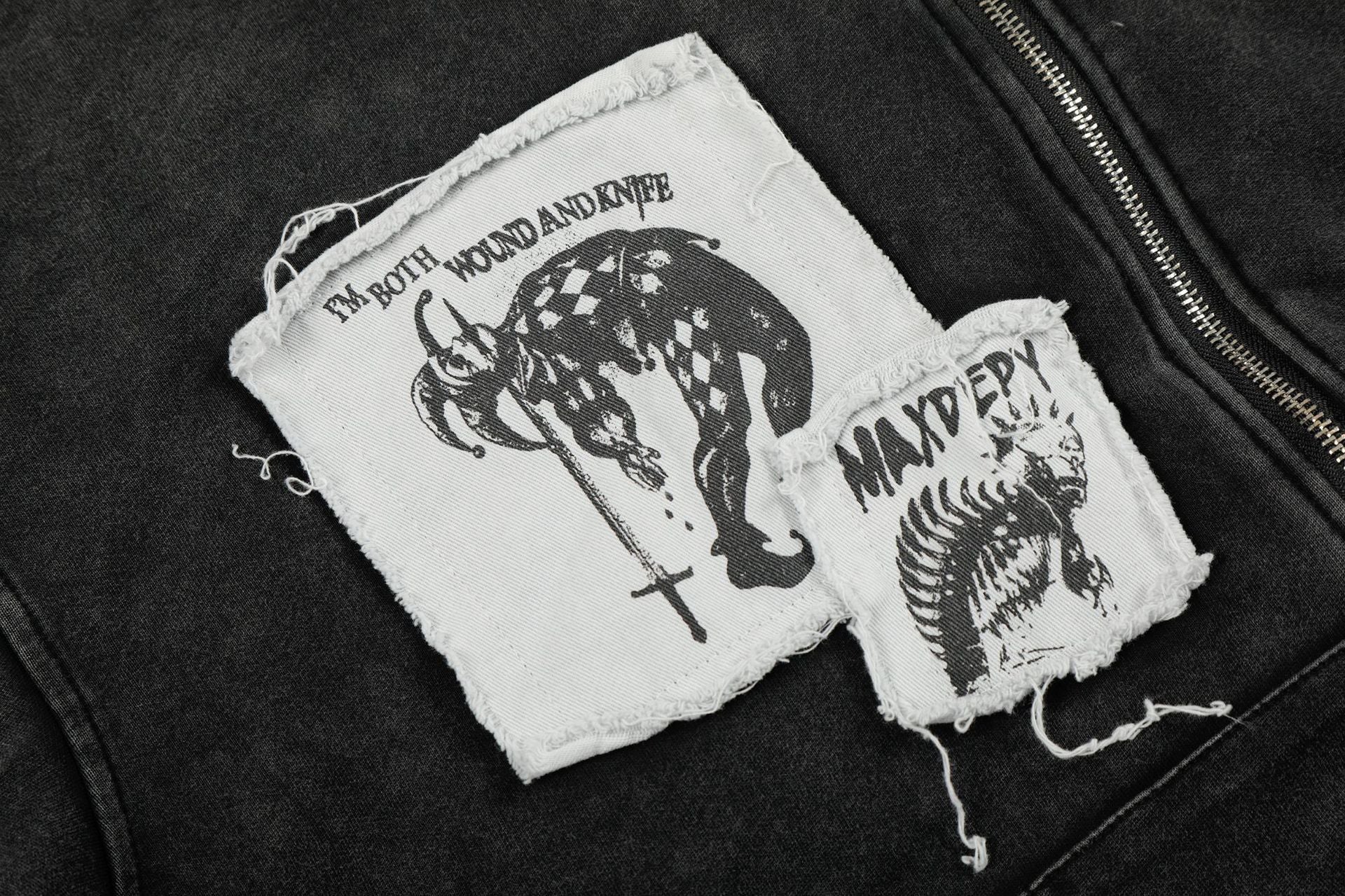 Washed Patch Logo Print Zipper Hoodie